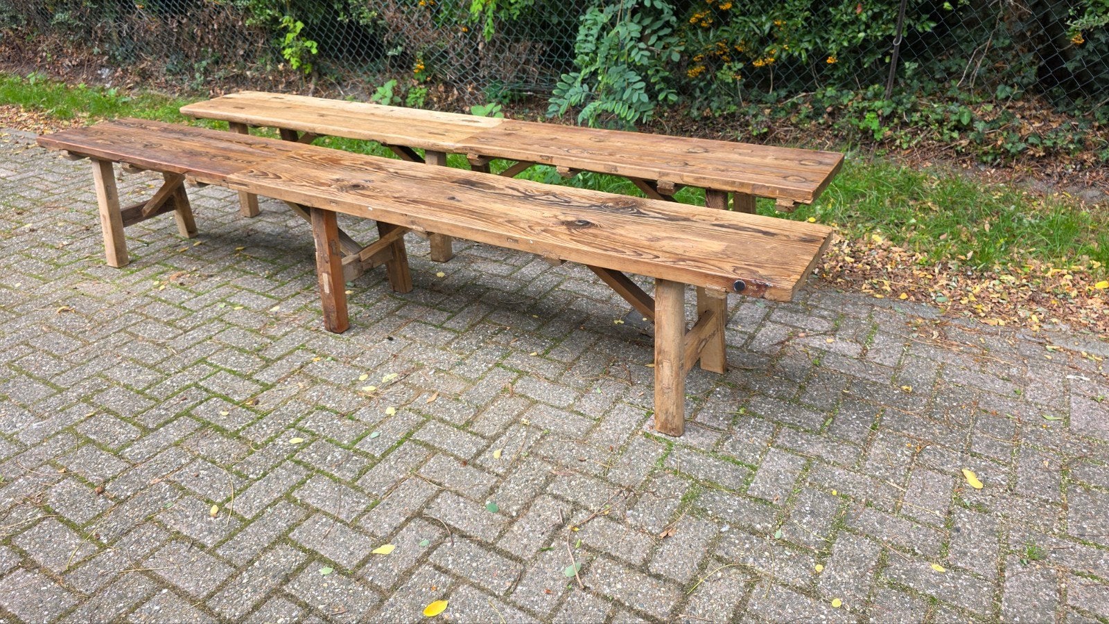 2 Oude Boeren Eetbanken – Robuust Hout (3 meter lang), Enlèvement ou Envoi, Utilisé, Bois