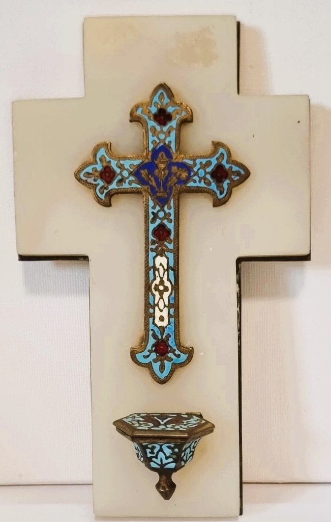 Croix, récipient à eau bénite en émail cloisonné avec onyx., Enlèvement ou Envoi, Comme neuf, Autres types, Christianisme | Catholique