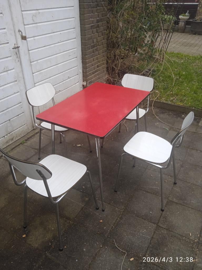 Set rood witte formica stoelen en tafe 1960l, Antiek en Kunst, Antiek | Meubels | Stoelen en Sofa's, Ophalen