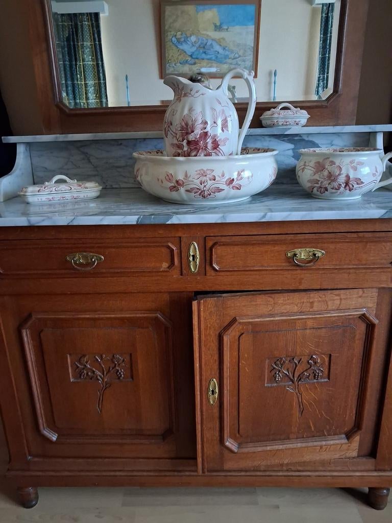 Kast met spiegel, commode, wastafel met marmer blad, Antiek en Kunst, Ophalen