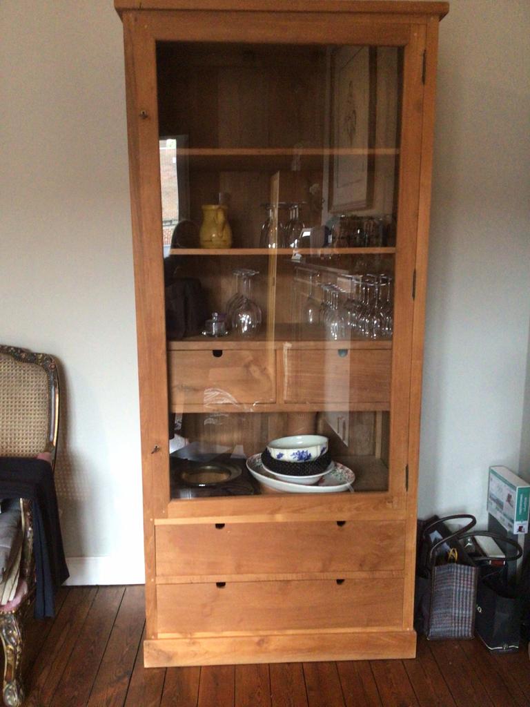 Kast teak met glas en schuiven, Huis en Inrichting, Kasten | Vitrinekasten, Ophalen, Zo goed als nieuw, Glas