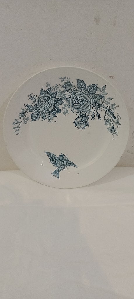 Antiek Nimy bord met vogels en rozen — Terre de fer, Ophalen of Verzenden