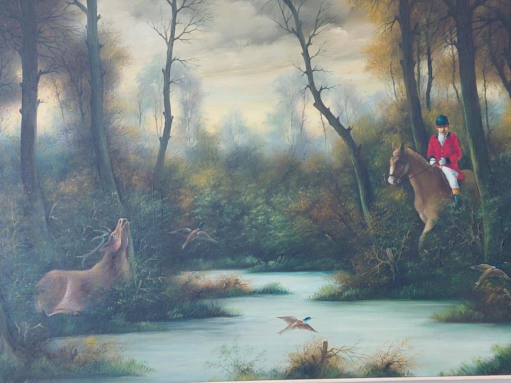 Jachttafereel getekend antiek 140x80, Ophalen of Verzenden