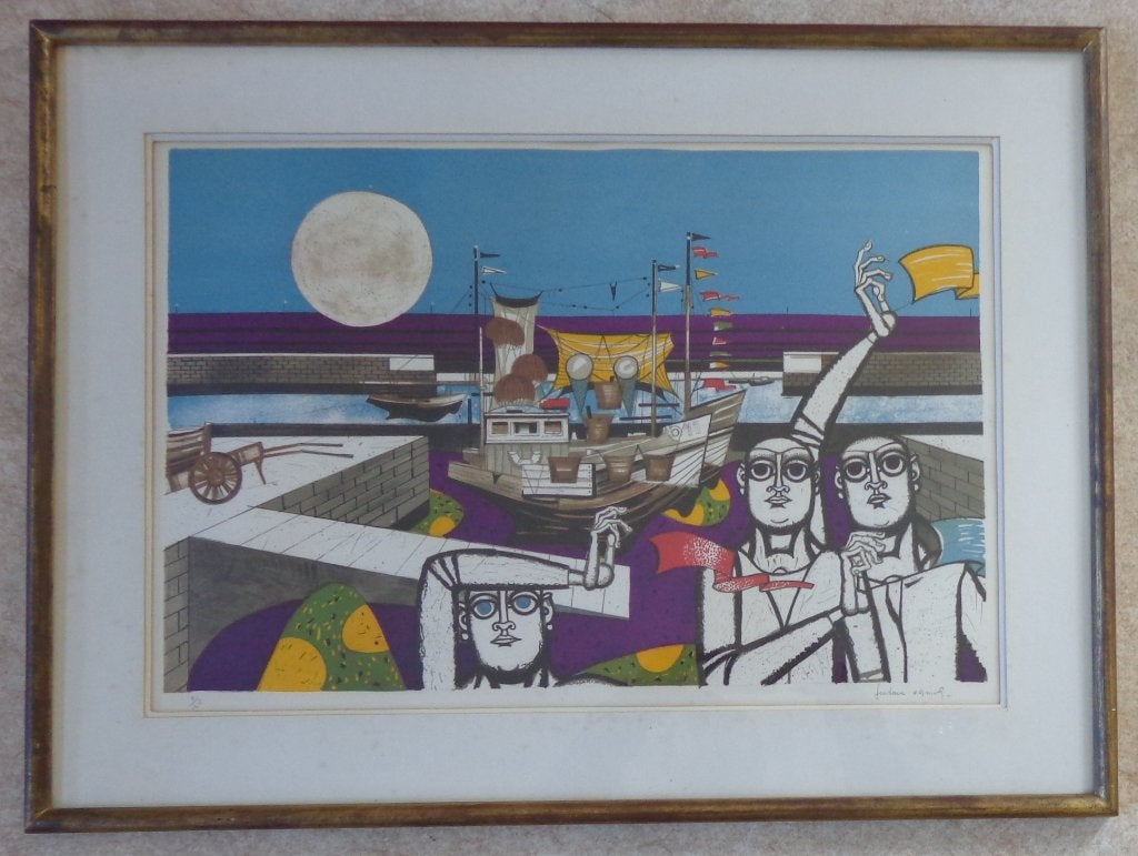 GUSTAVE CAMUS / HAVENZICHT / KLEURLITHO / 59x79cm / KADER, Enlèvement