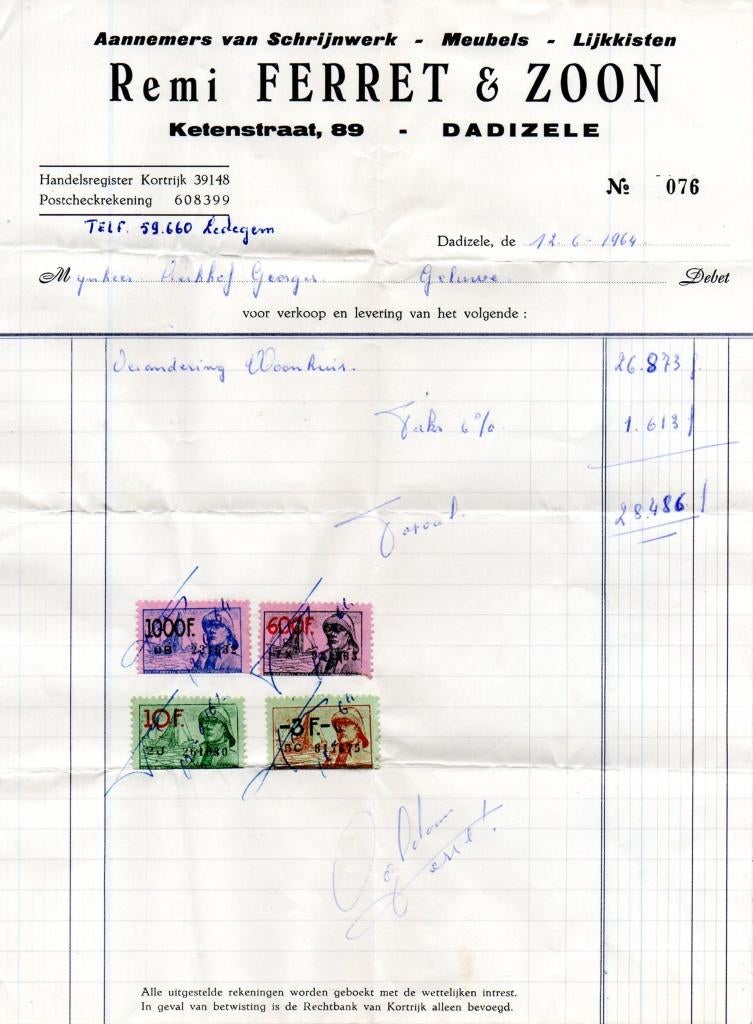factuur aannemer Ferret Dadizele 1964, Ophalen of Verzenden