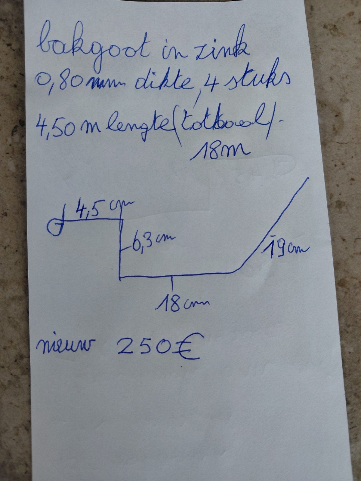 zinken bakgoot + goothaken, Ophalen, Nieuw