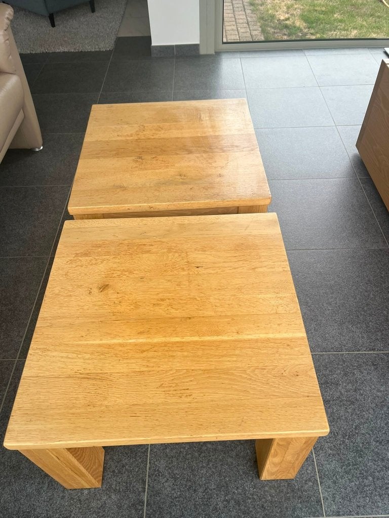 massief grenen salon tafeltjes, Huis en Inrichting, Tafels | Salontafels, Ophalen, Gebruikt, 50 tot 100 cm, Vierkant