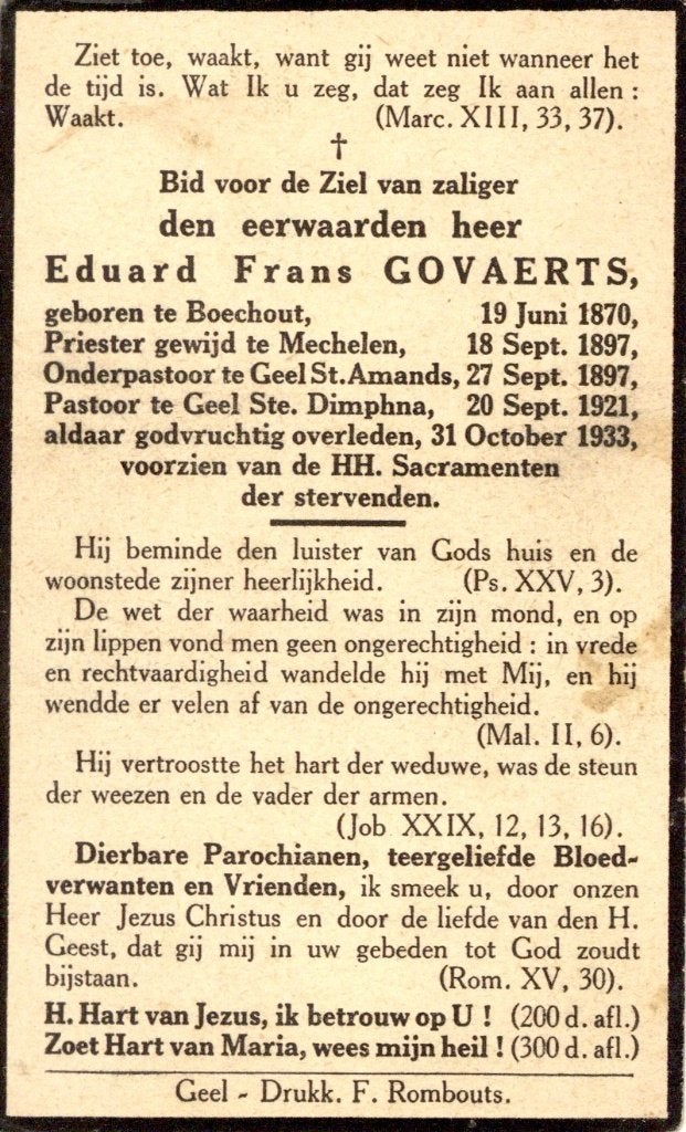 Priester. Govaerts Eduard. ° Boechout 1870 † Geel 1933, Ophalen of Verzenden, Bidprentje