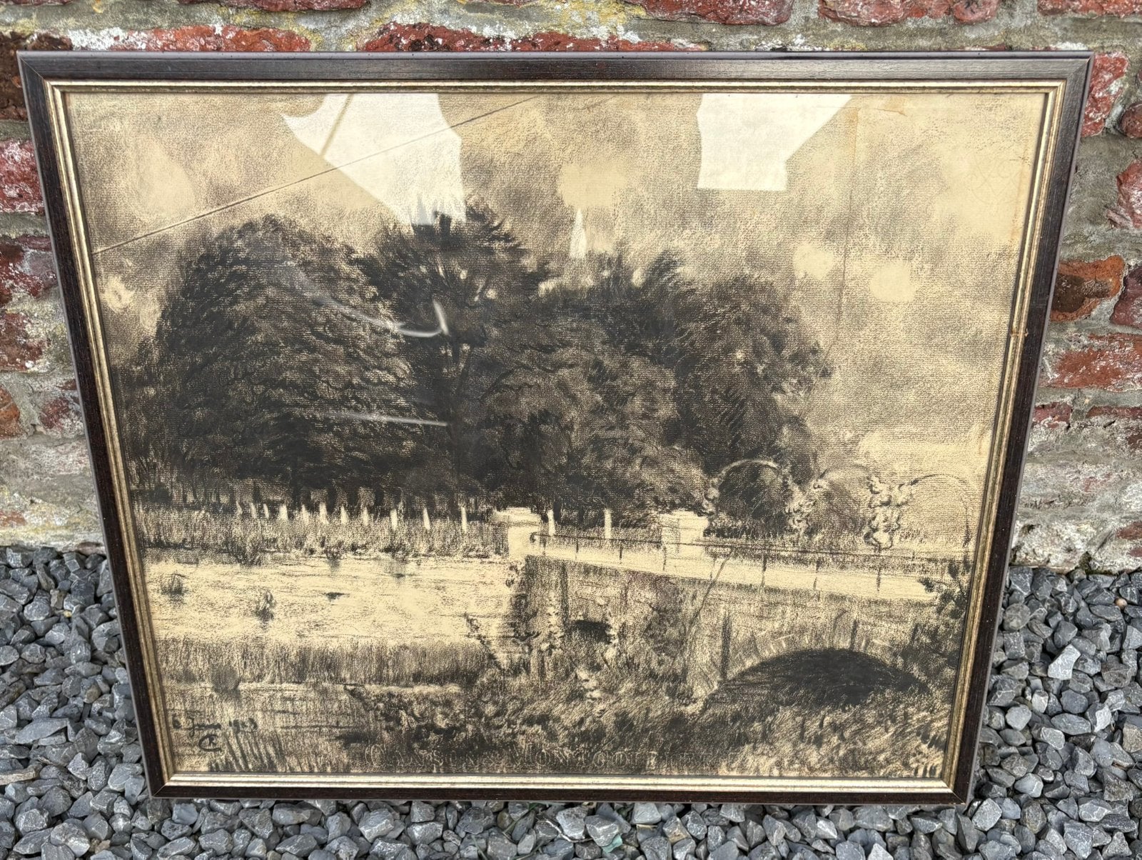 Tableau – Paysage avec pont et étang – Daté 1923, Ophalen, Landschap, Tekening, Papier