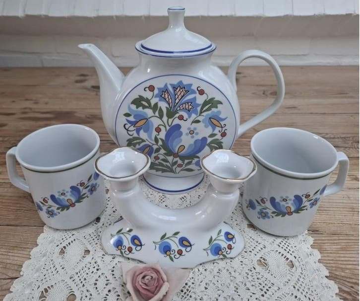 Vintage Poolse Lubiana kandelaar, koffiepot + 2 mokken, Enlèvement ou Envoi