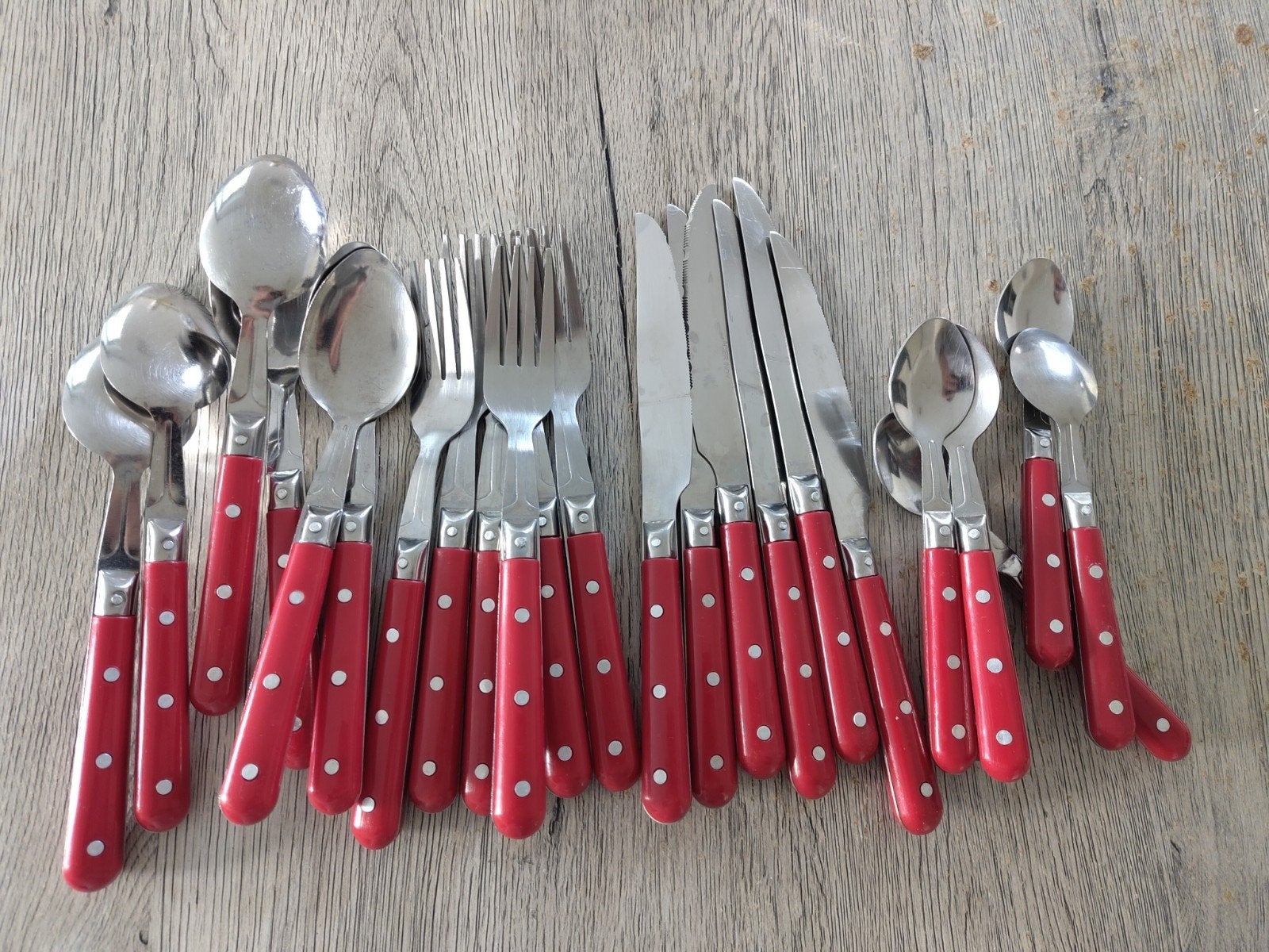 rode bestekset, Huis en Inrichting, Ophalen, Gebruikt, Inox of Chroom, Bestekset