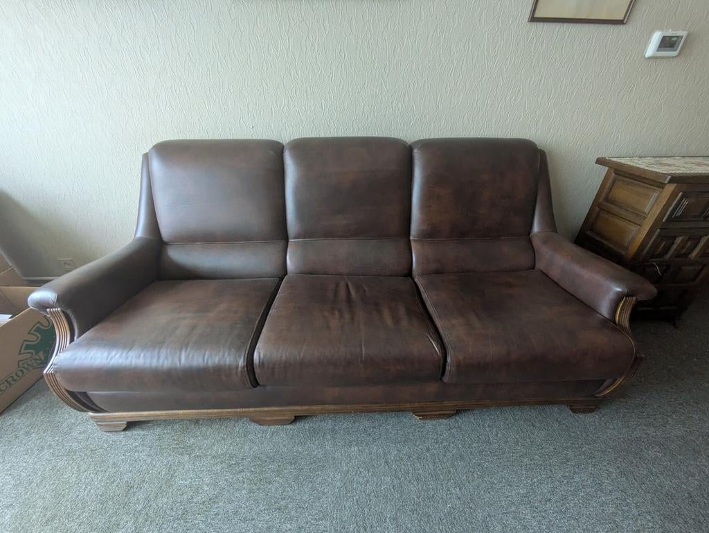 Leren zetelset - een driezit en twee eenzits, Huis en Inrichting, Ophalen, Vintage, landelijk, Minder dan 75 cm, Zo goed als nieuw
