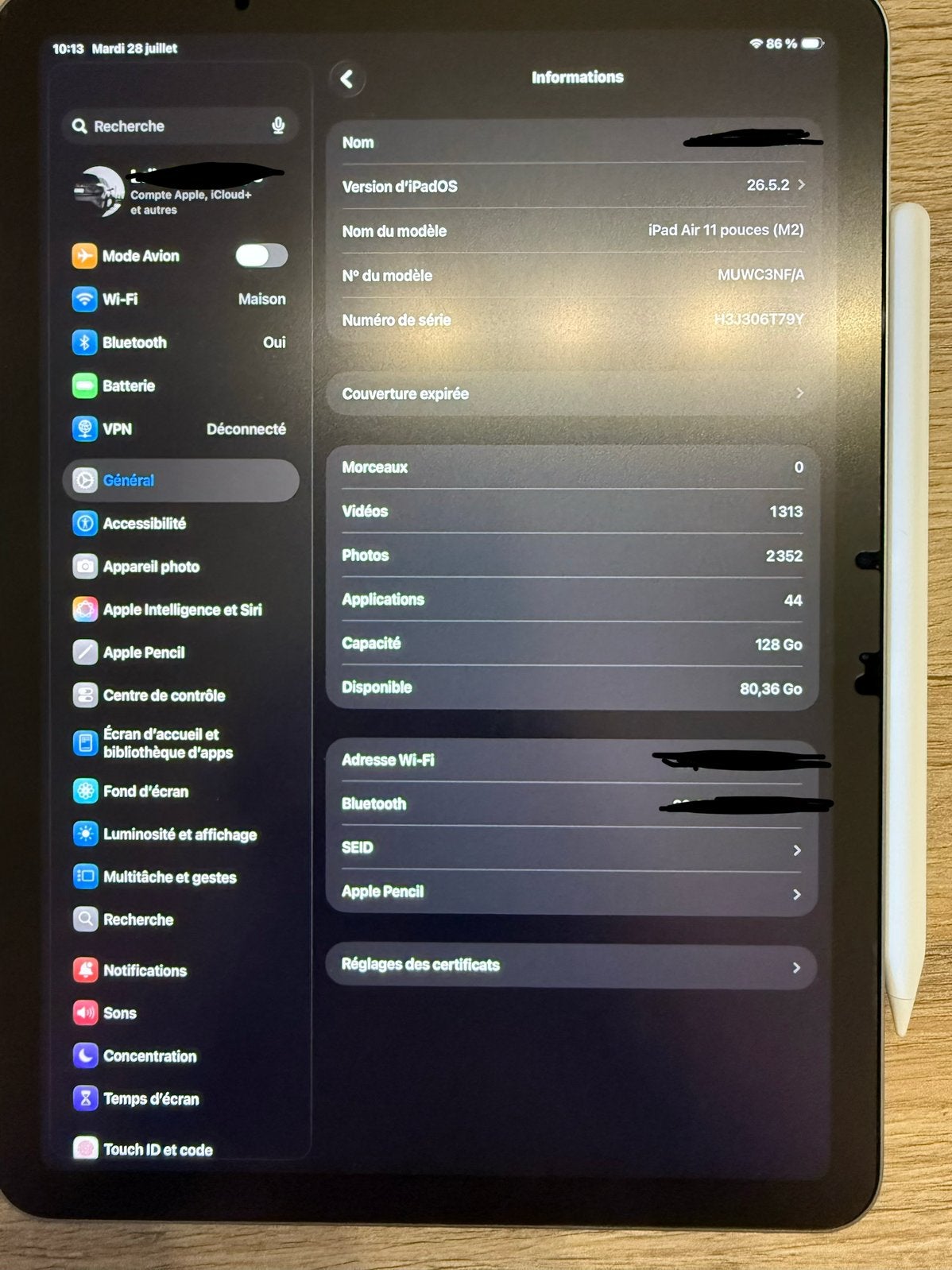 iPad Air 11" M2 (128 GB) + Apple Pencil Pro, Computers en Software, Ophalen, Zo goed als nieuw, 11 inch, Grijs