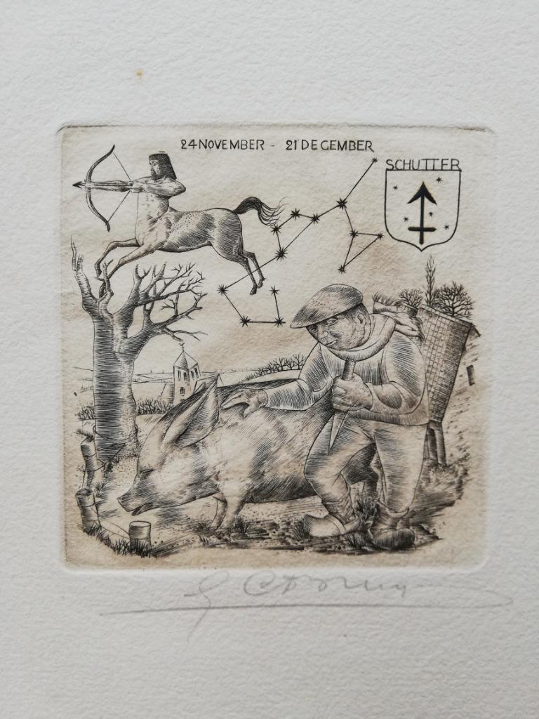 Mooie gravure - boogschutter - Gustaaf De Bruyne - 1964, Antiek en Kunst, Ophalen of Verzenden