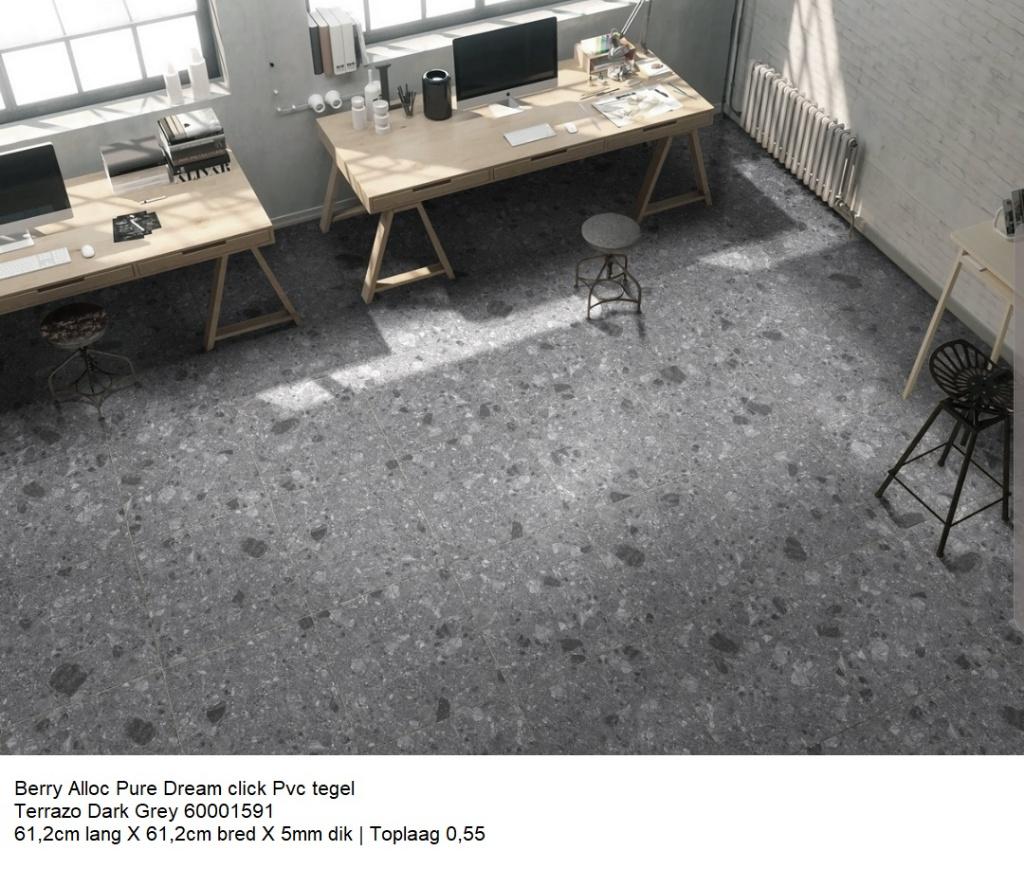Pvc Dream Click Terrazzo Dark Grey 61cm lang X 61cm brede, 75 m² of meer, Pvc click tegel model terrazzo grey, Nieuw, Ophalen of Verzenden