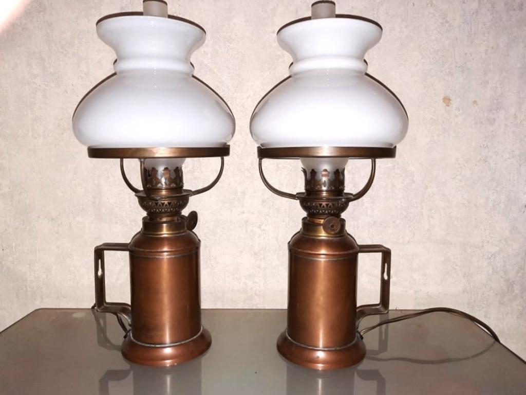 Mooie oude set van 2 koperen wandlampen/olielampen, Ophalen, Koper