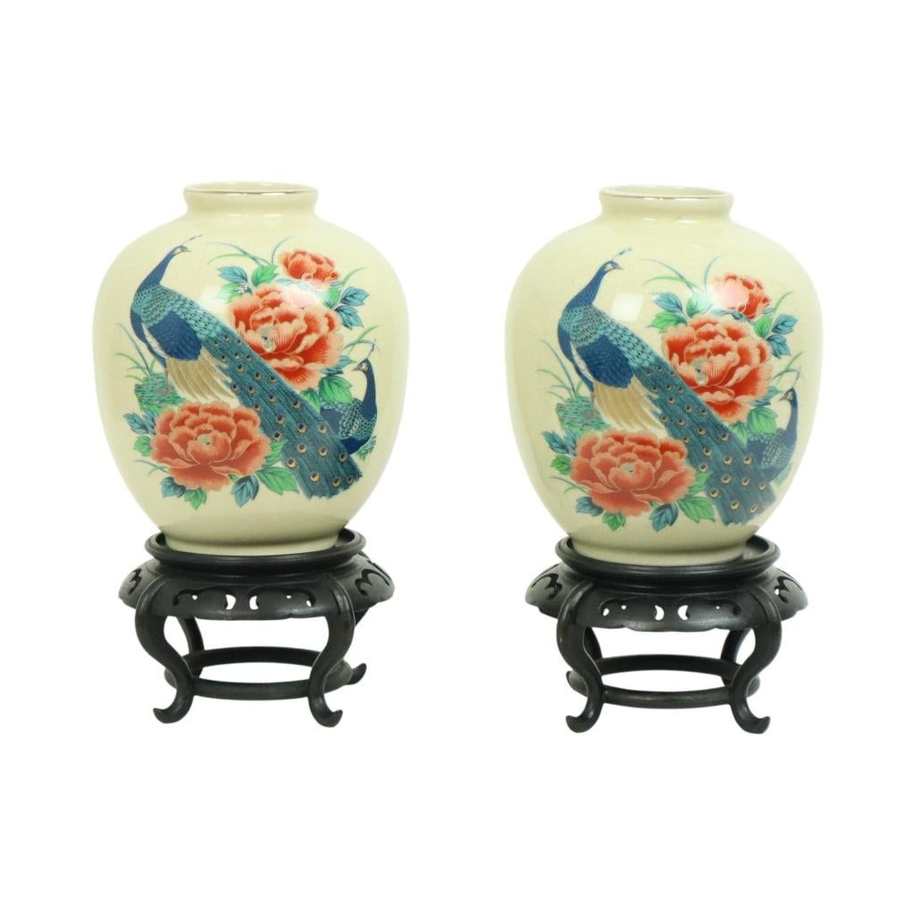 Koppel Japanse Vazen Pauwen Bloemen Craquelé Keramiek 26cm, Huis en Inrichting, Gebruikt, Overige kleuren, Aardewerk of Porselein