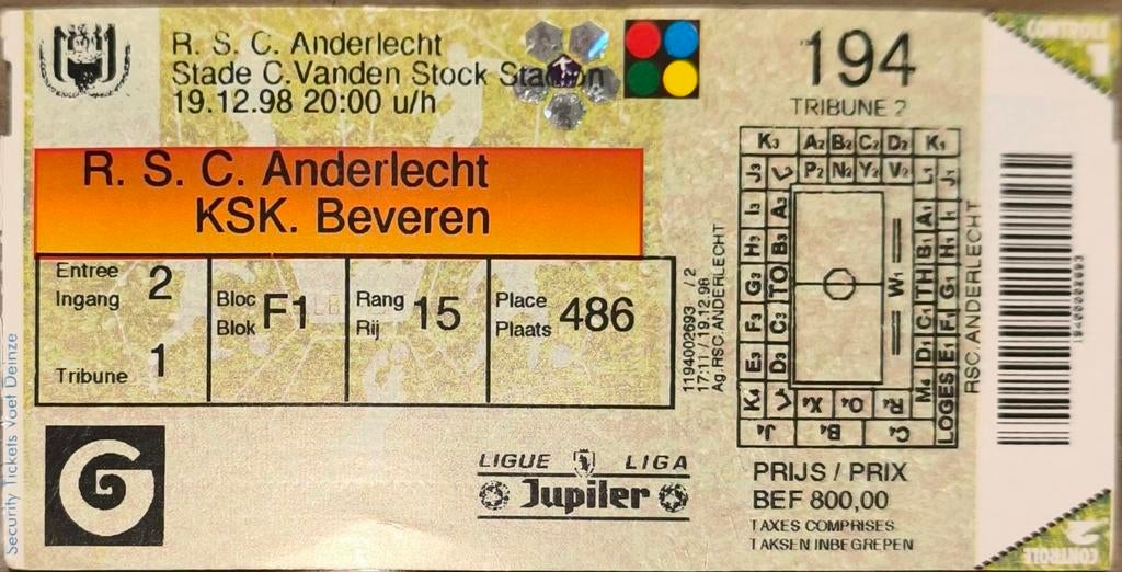 Ticket RSC Anderlecht Beveren, Verzamelen, Ophalen of Verzenden