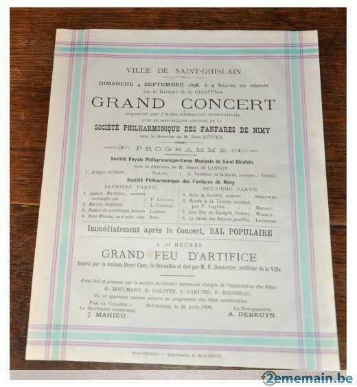 ancienne affiche d'un concert a saint ghislain en 1898, Collections, Enlèvement ou Envoi, Utilisé