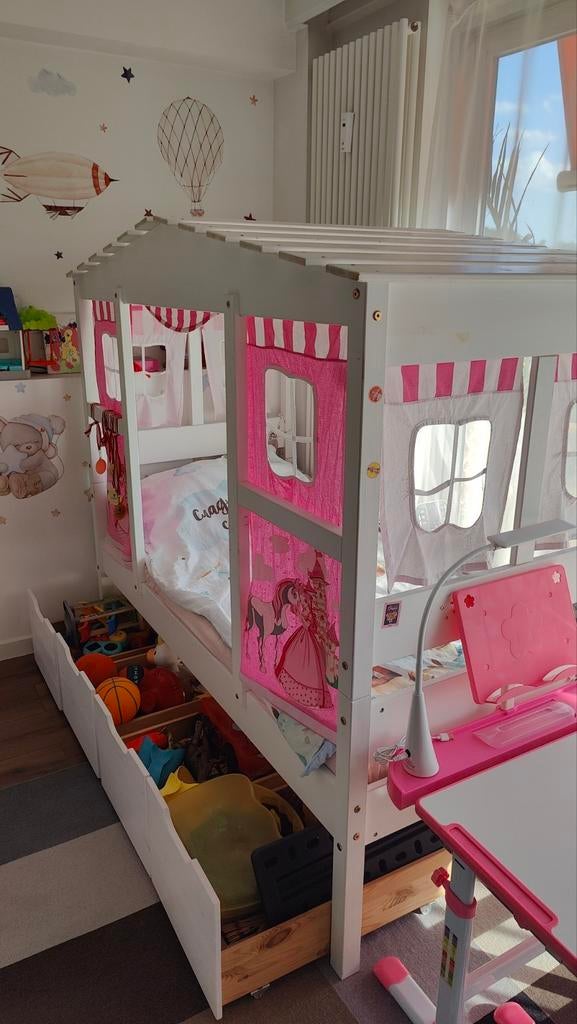 Kinderbedje (huisje) met lades + matras + versiering, 85 à 100 cm, Enlèvement, Matelas, Utilisé
