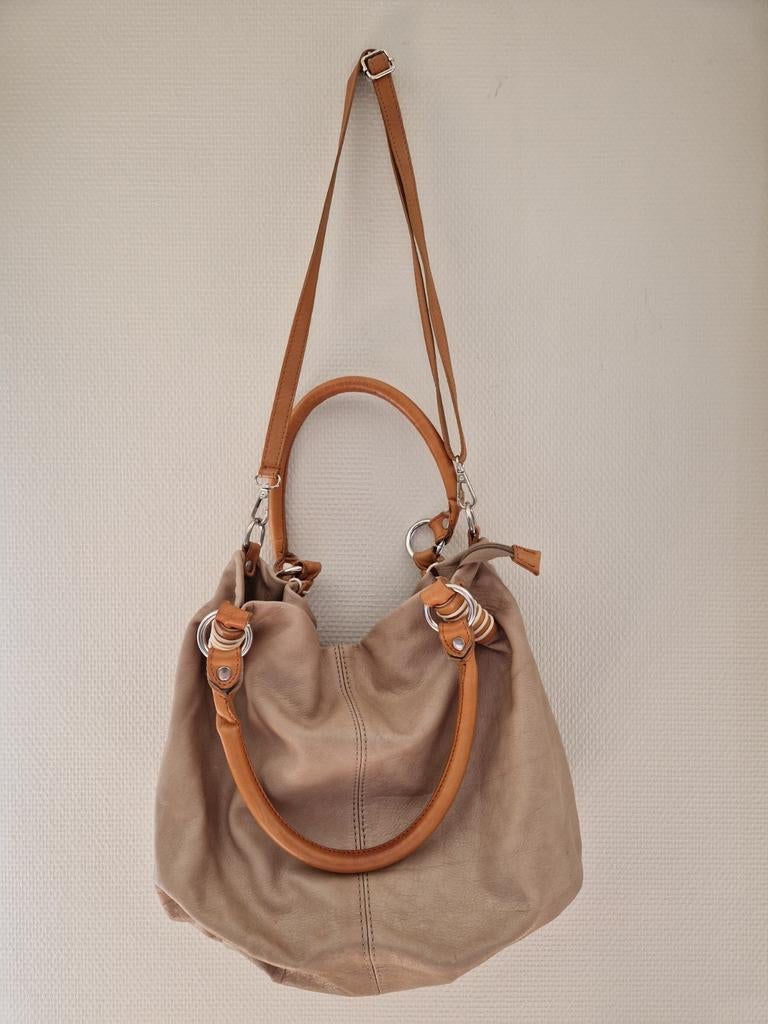 Handtas echt leder taupe met cognac handvaten, Ophalen of Verzenden, Gebruikt, Overige kleuren, Handtas