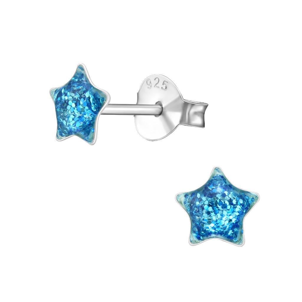 Blauwe glitter ster 925 sterling zilveren kinderoorbellen -, Ophalen of Verzenden, Nieuw, Oorbellen
