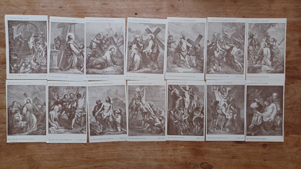 14 x prent kruisweg Jesus, Ophalen of Verzenden, Zo goed als nieuw, Overige onderwerpen, Prent