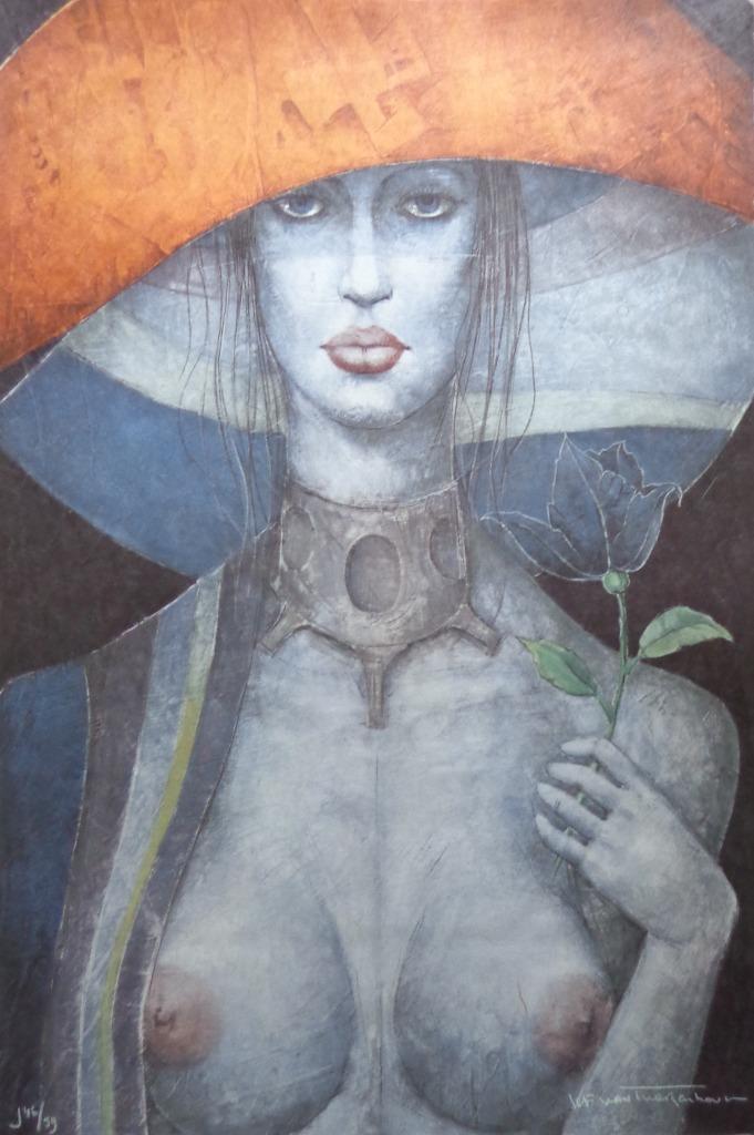 JEF VAN TUERENHOUT / KONINGIN MET HOED / ZEEFDRUK / 76x50cm, Enlèvement ou Envoi
