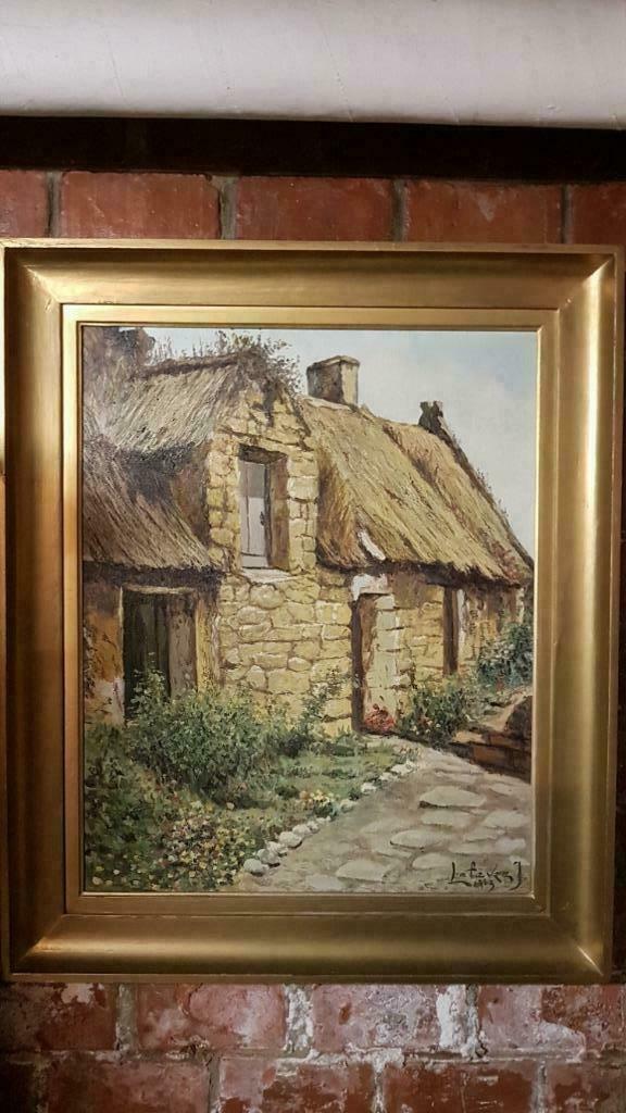 mooie schilderij met boeren huisje getekend Le Fevre 1963, Ophalen