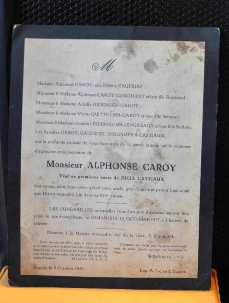 ancien faire part de décès de 1937 (11), Enlèvement ou Envoi, Carte de condoléances