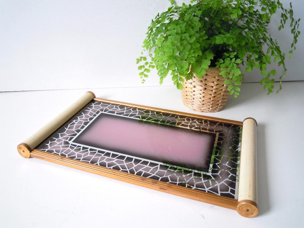 Plateau Art Déco avec lointain églomisé vieux rose, Antiquités & Art, Antiquités | Ustensiles de cuisine, Enlèvement ou Envoi