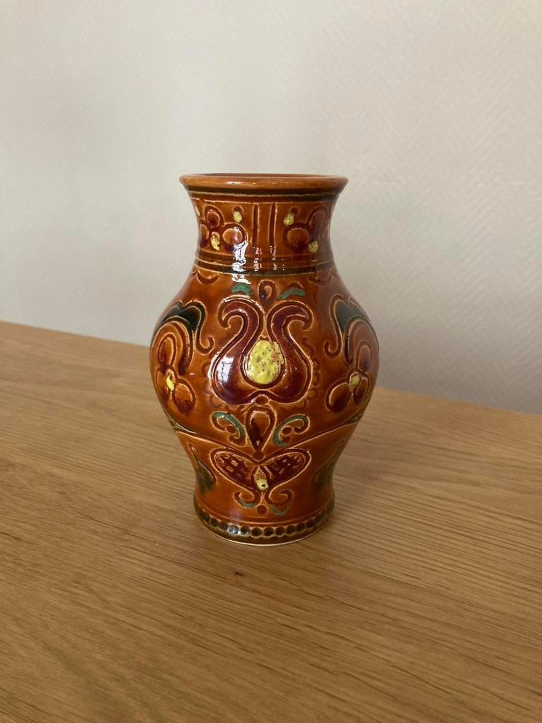 Vase vintage en céramique marron avec fleurs, Enlèvement ou Envoi