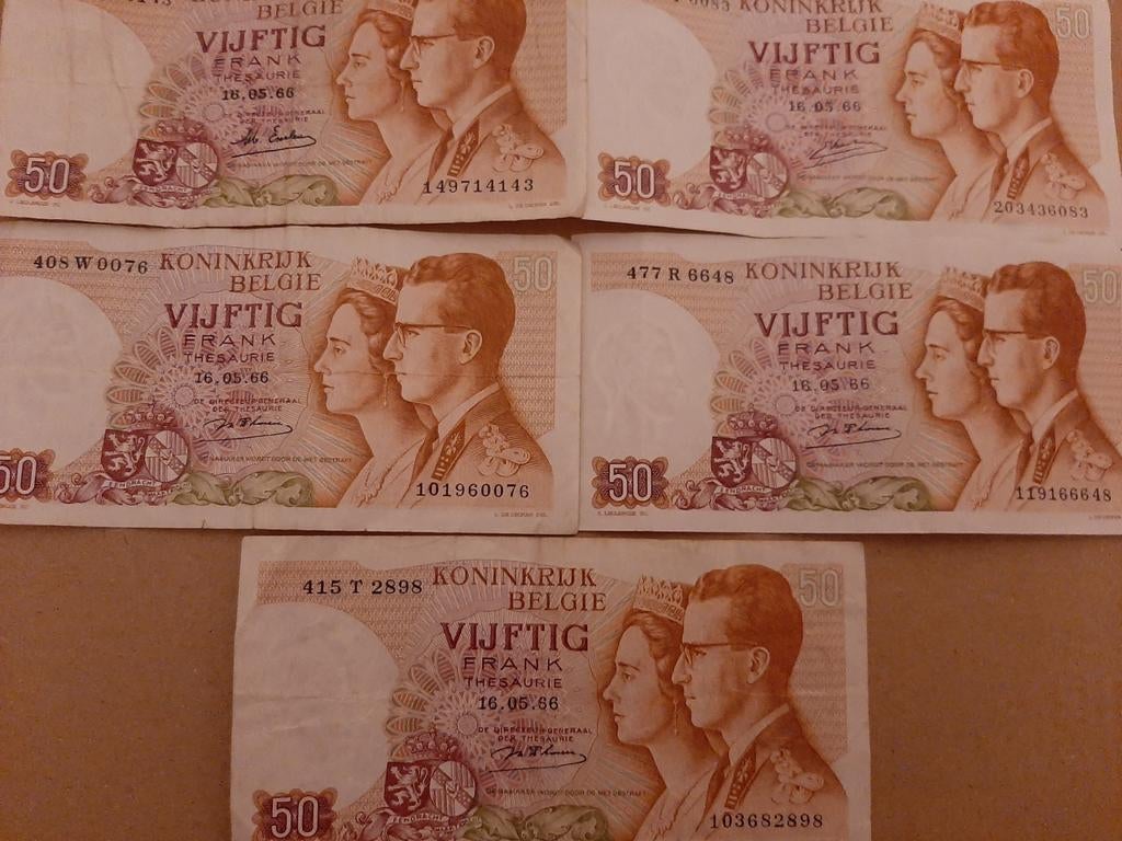 België: 5 biljetten 50 Bfr 16.05.1966. geen scheurtjes, Verzenden, Setje