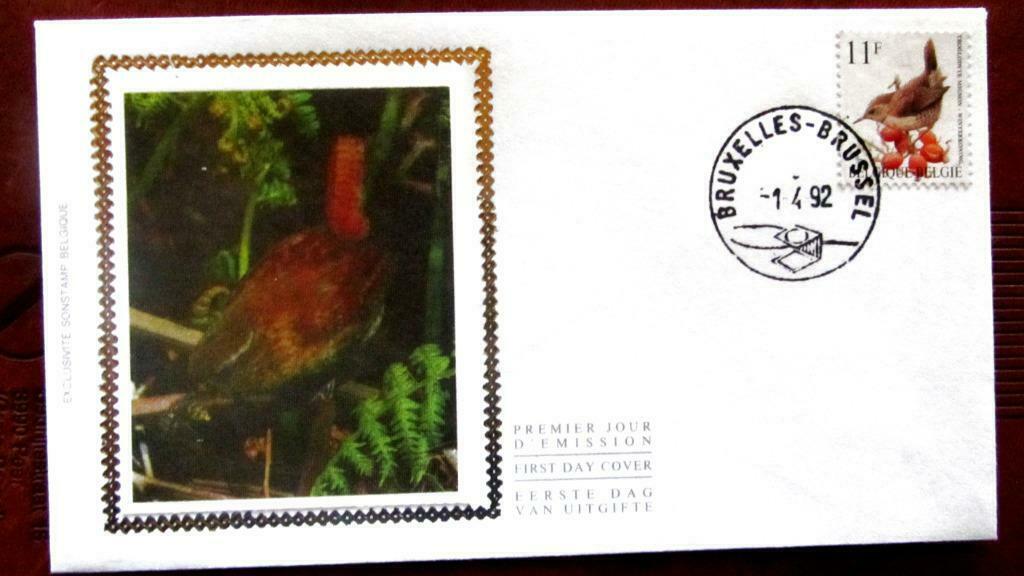 FIRST DAY COVER OP ZIJDE- VOGELS VAN BUZIN- WINTERKONINKJE, Ophalen of Verzenden, Gestempeld, Dier of Natuur