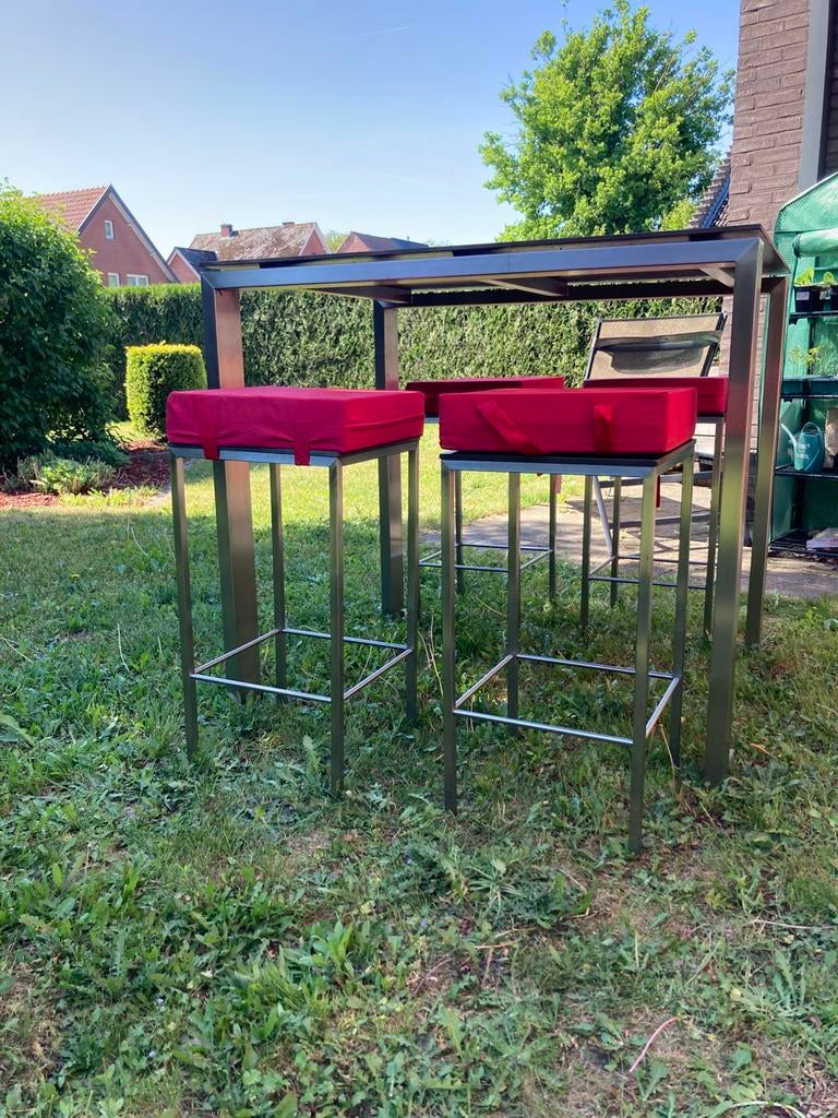 Hoge bartafel trespablad en inox met krukken, Ophalen, Zo goed als nieuw, Tuinset, 4 zitplaatsen
