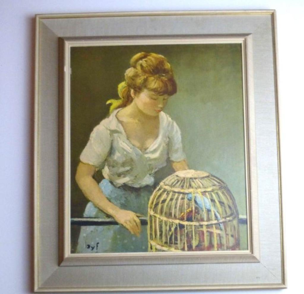 vintage kunstdruk meisje met vogelkooi 60er jaren, Ophalen of Verzenden, Huis en Inrichting