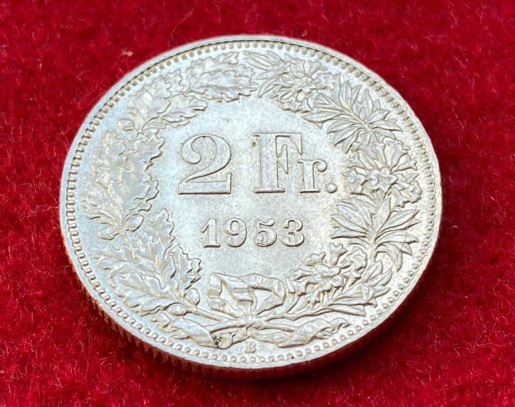 Oude zilveren Zwitserse munt van 2 frank uit 1953, Antiek en Kunst, Ophalen of Verzenden, Zilver