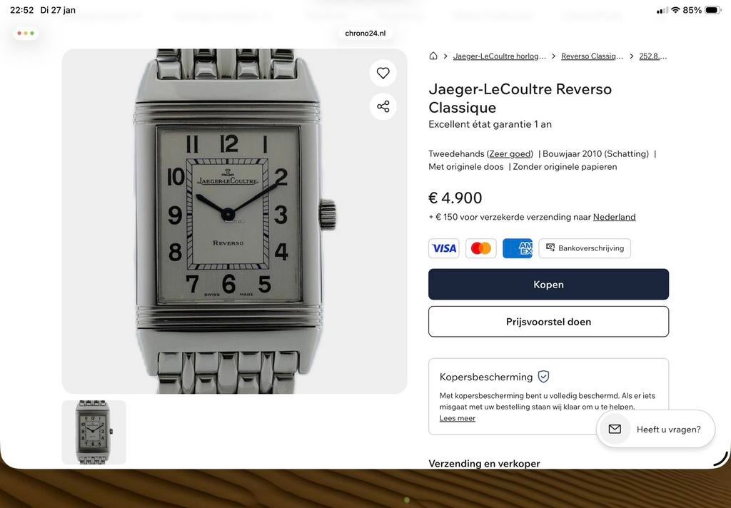 Jaeger LeCoultre Reverso, Handtassen en Accessoires, Horloges | Heren, Ophalen, Zo goed als nieuw