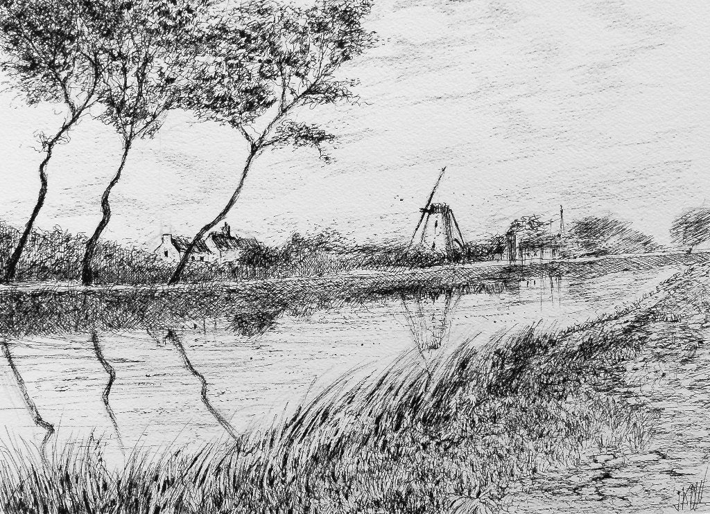 Dessin original "Canal Bruges-damme N2" 24x32cm, Envoi, Dessin, Dessin à la plume, Signé