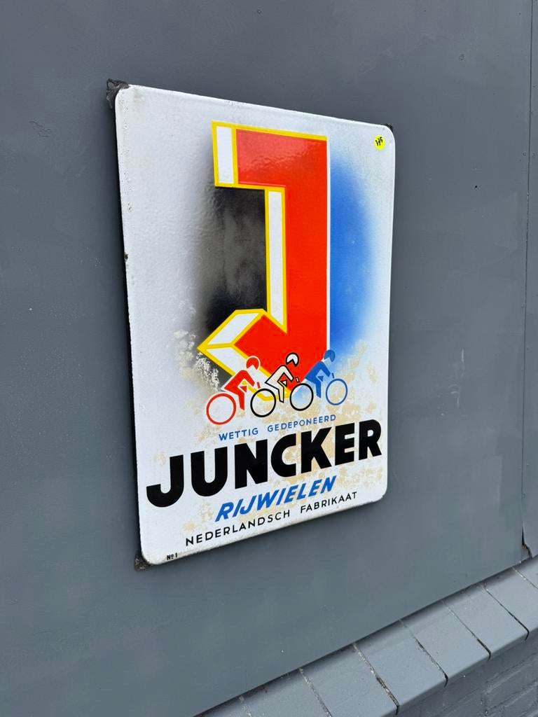 Panneau publicitaire cycliste en émail JUNCKER, Enlèvement ou Envoi