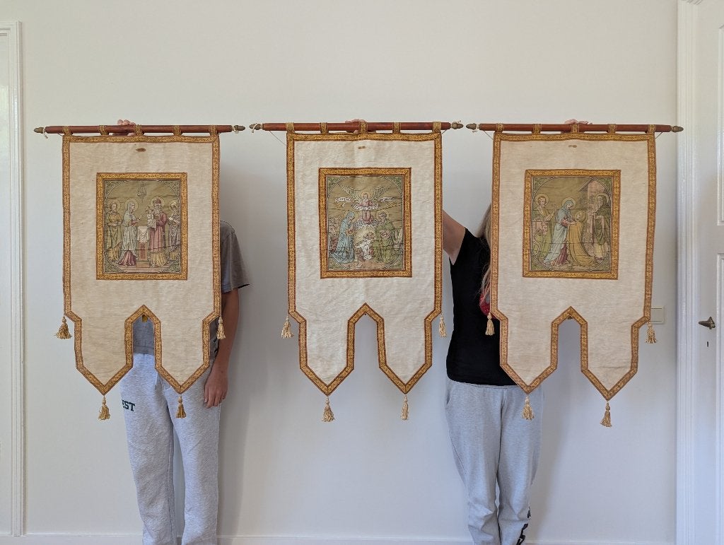 Set van 3 antieke religieuze processievaandels (ca. 100 cm), Collections, Enlèvement ou Envoi, Comme neuf, Autres types, Christianisme | Catholique
