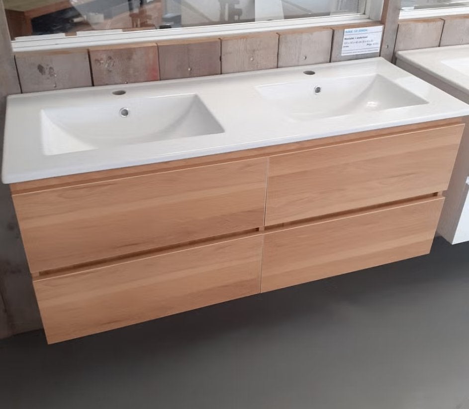 Badmeubel, eiken, dubbele wastafel + onderkast, kode 120, Ophalen of Verzenden, Nieuw