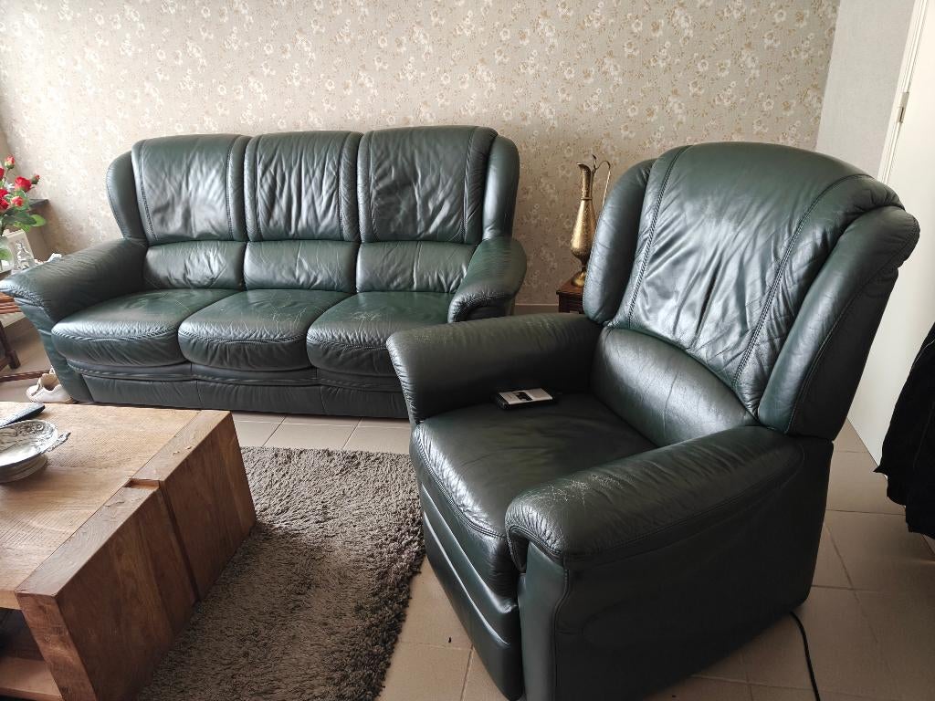 Lederen salon 3 zit +1 zit, Huis en Inrichting, Ophalen, Gebruikt, Rechte bank, Leer