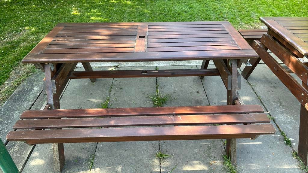 2 Houten picknick tafels, Ophalen, Gebruikt, Inklapbaar, Rechthoekig