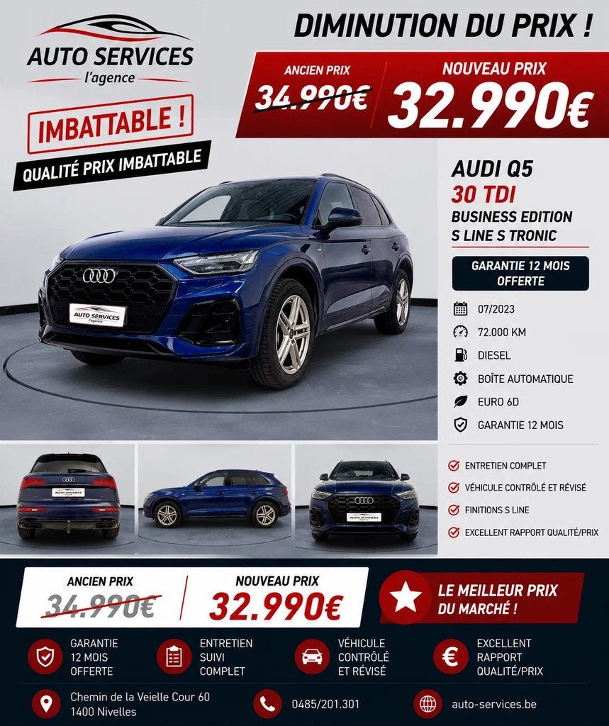 Audi Q5 30 TDi Business Edition S line S tronic Garantie 12, Autos, Audi, Entreprise, Achat, Q5, ABS, Régulateur de distance, Airbags