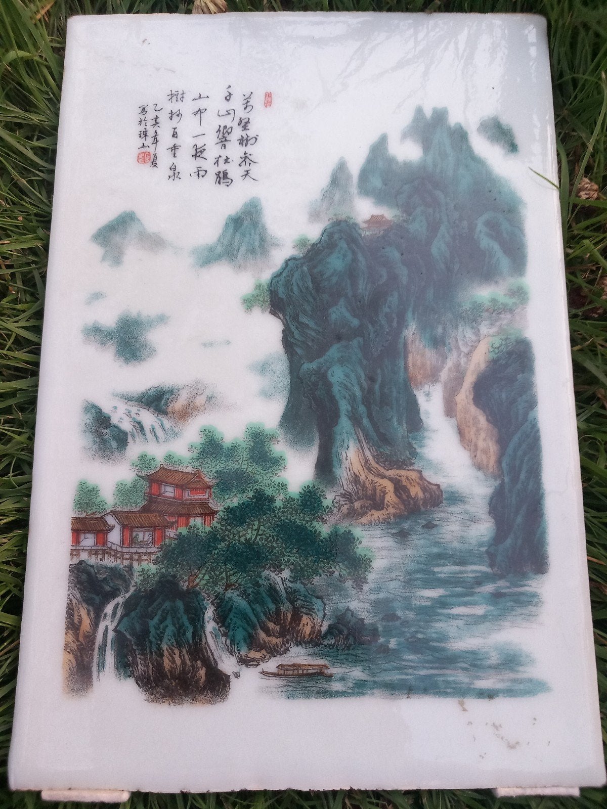 Tegel  schilderij in porselein met chinese tekens ., Ophalen