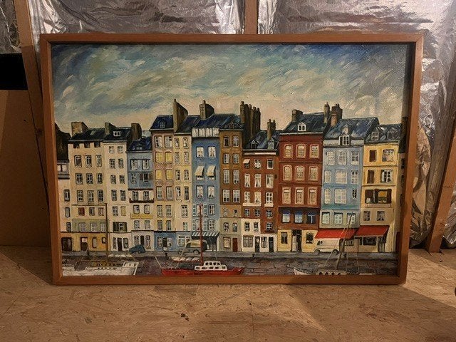 Peinture originale de Honfleur — signée 1983 — 96 x 67 cm, Antiquités & Art, Peinture à l'huile, Enlèvement, Daté, Maritime / eau