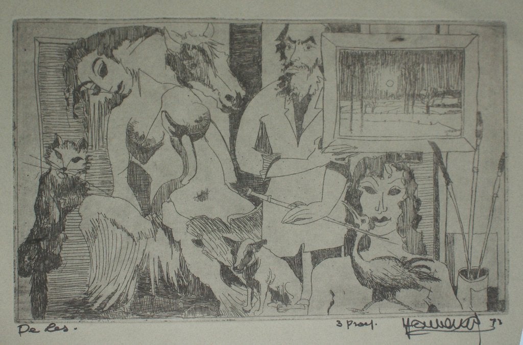Joris Houwen (1925-1998): De Les (, Ophalen of Verzenden, Ets, Gesigneerd