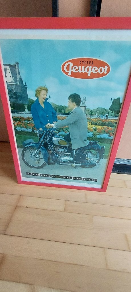 oude affiche velomoteurs-motocyclettes Peugeot, 1953, Verzenden, Gebruikt, Reclamebord