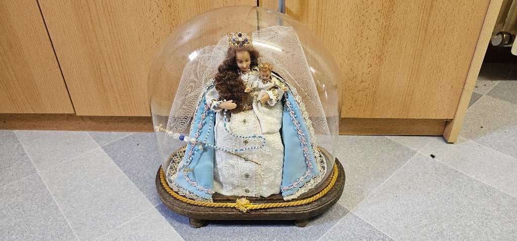Antiek Mariabeeld met kindje Jezus onder glazen stolp, Ophalen